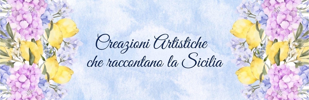 Banner decorativo con limoni e ortensie, testo: Creazioni Artistiche che raccontano la Sicilia di Vetruska's Handmade.
