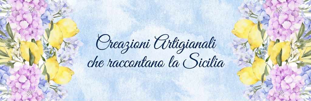 Banner decorativo con limoni e ortensie, testo: Creazioni Artigianali che raccontano la Sicilia di Vetruska's Handmade.