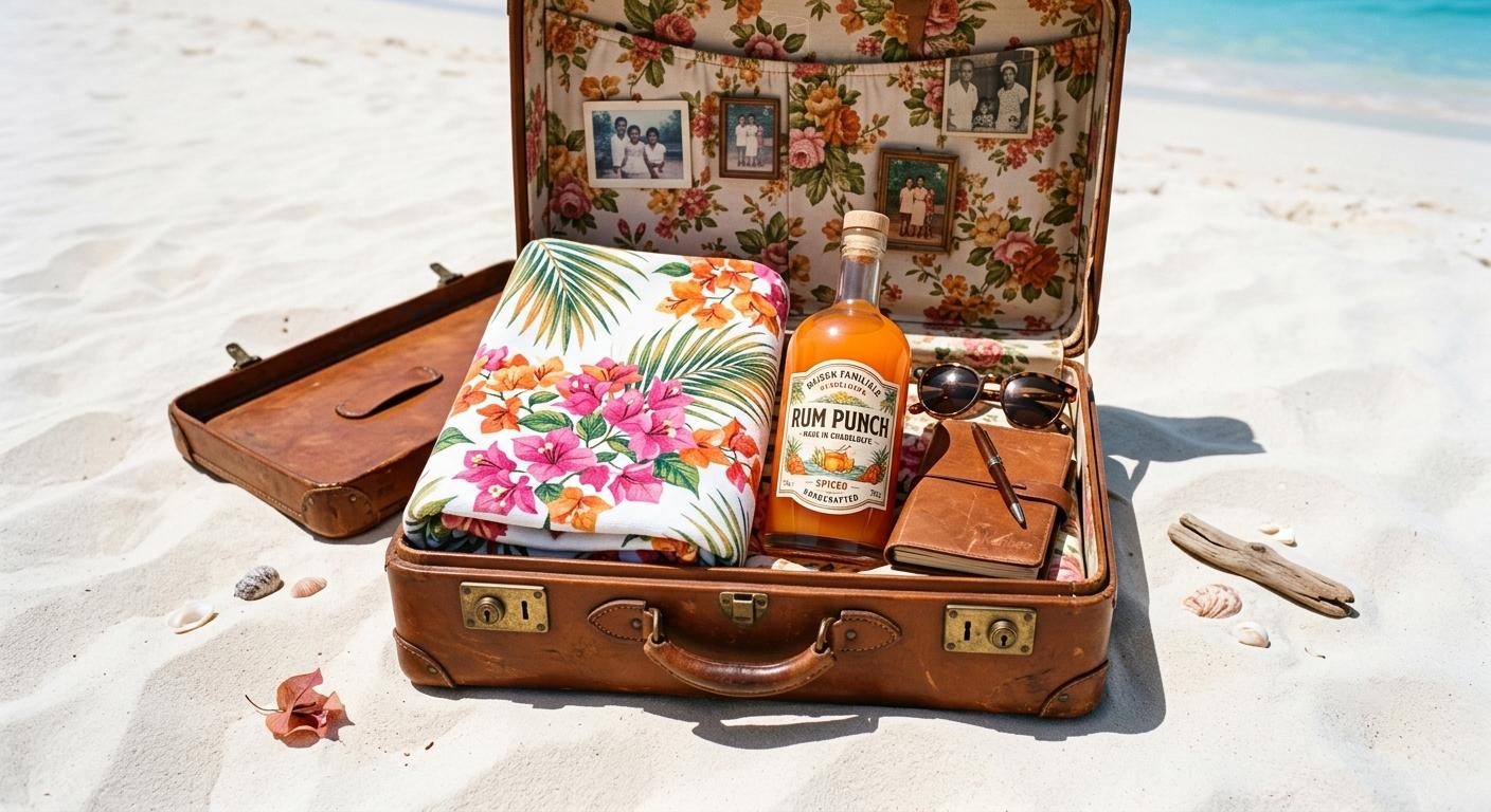 Karibeo — Bouteille en verre | Un valise de souvenir ouverte sur la plage avec une bouteille de punch en verre.