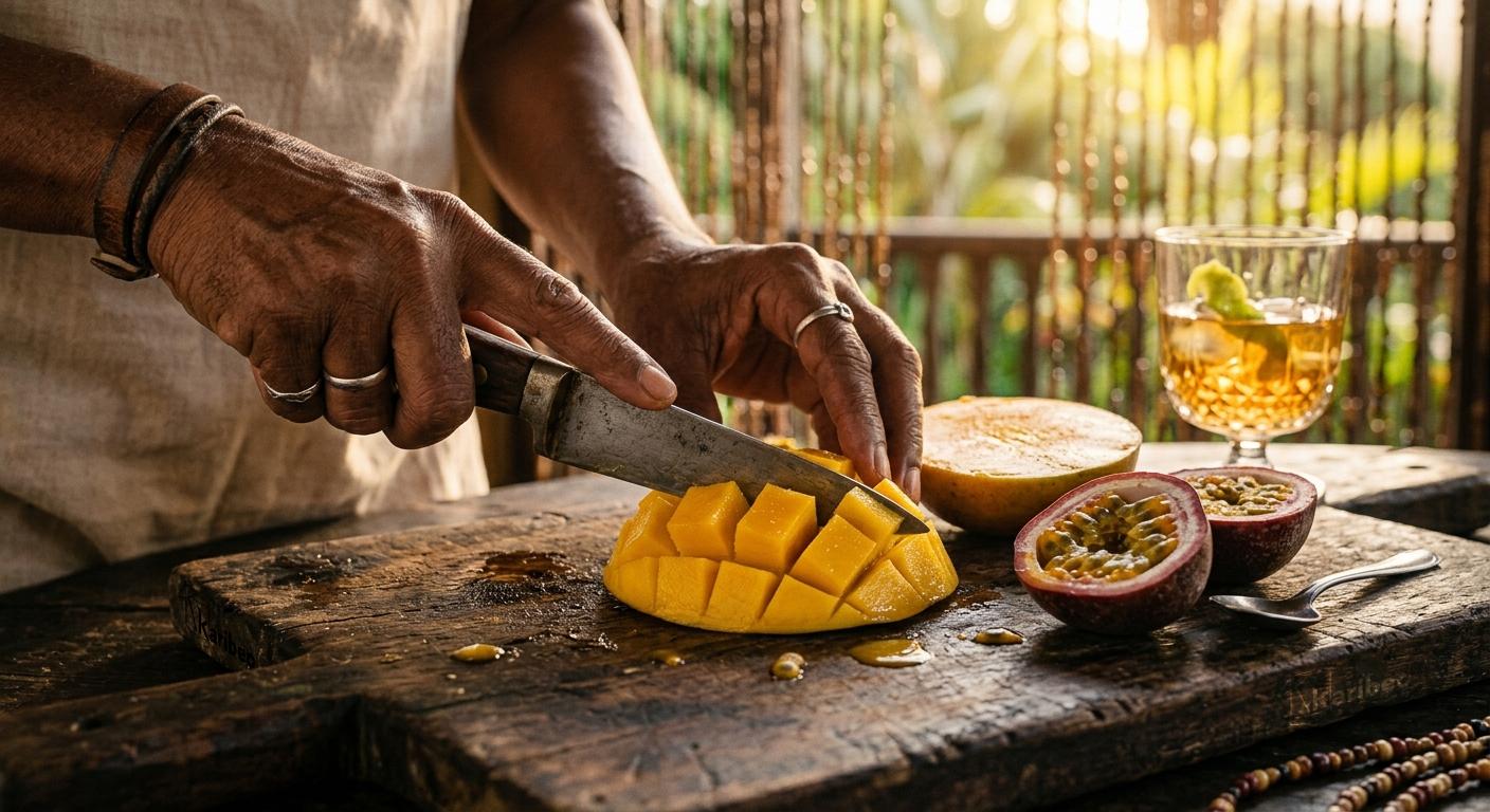 Karibeo — Un savoir-faire inégalé | 15 ans de méthodes artisanales affinées qu'une personne utilise pour découpé et préparer des fruits exotiques