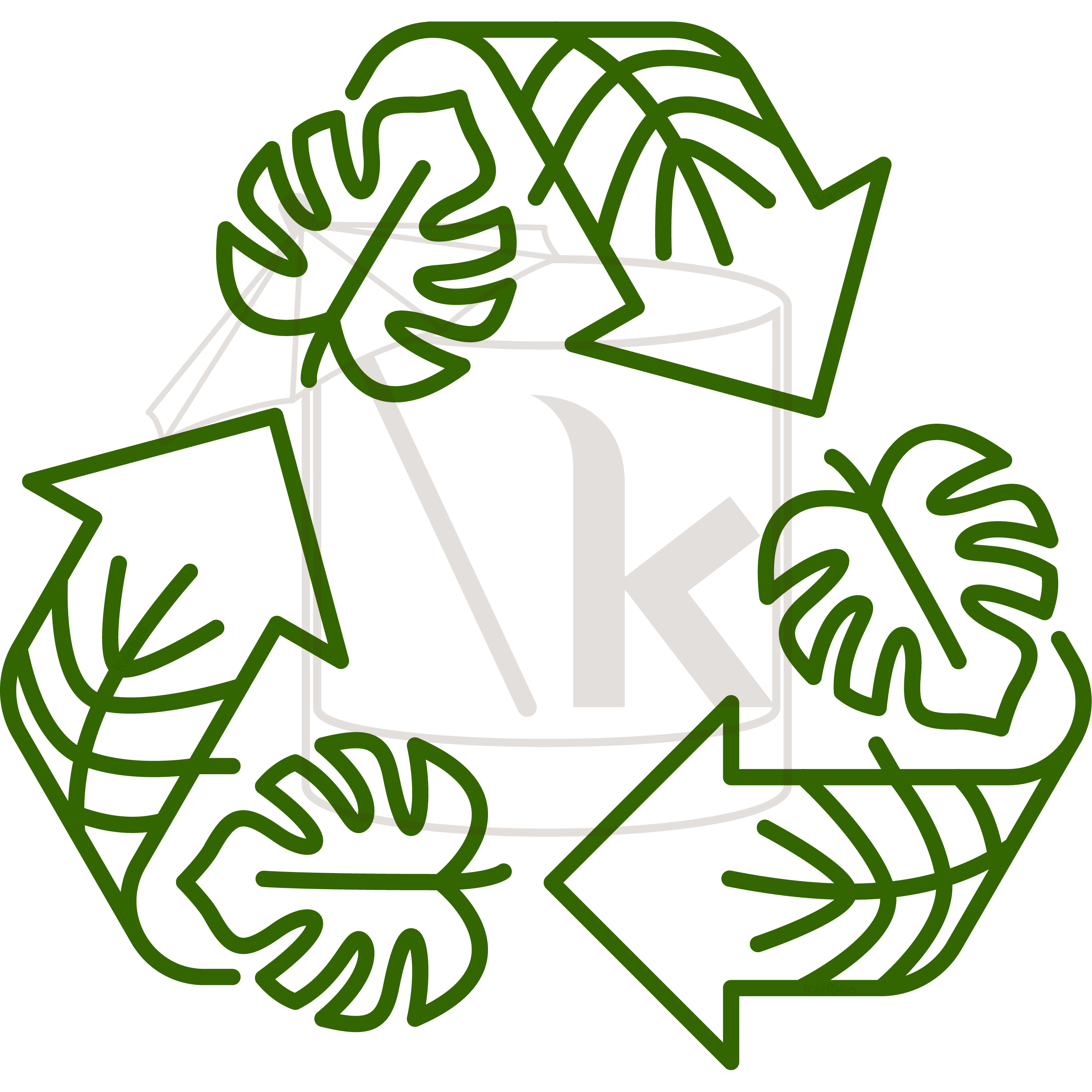 Karibeo — Recyclage | le symbole universelle du recyclage designé par des feuilles exotiques avec le logo Karibeo au centre