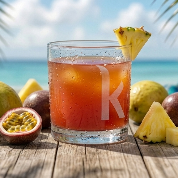 Planteur artisanal aux trois fruits (goyave, fruit de la passion, ananas) et épices, rhum local de Guadeloupe. Sans colorants ni conservateurs.