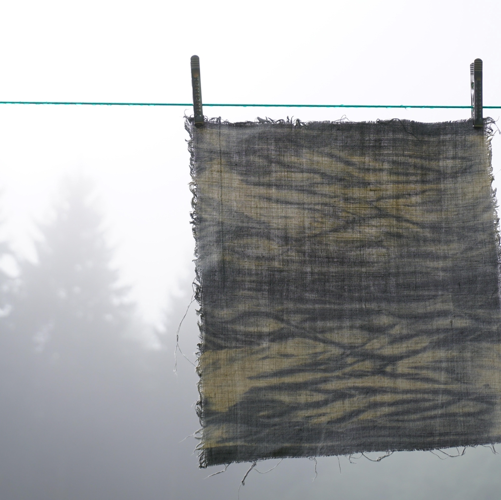 Tissu teint et sapin dans la brume.