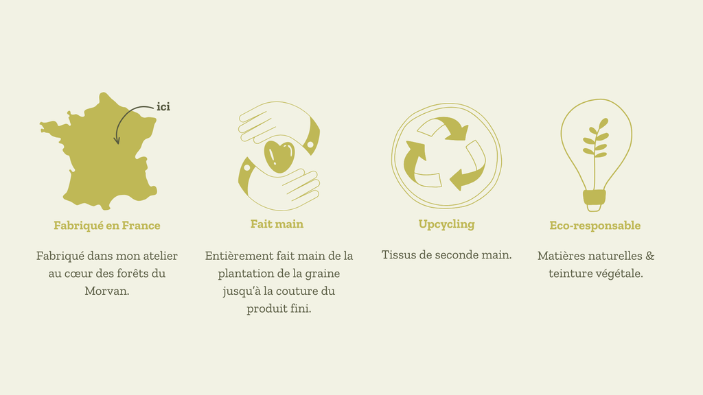 Les créations de l'Atelier Eoubi sont fabriquées en France, entièrement fait main. Elles sont éco-responsables et upcyclées.