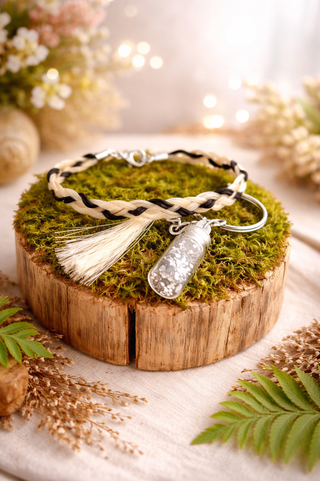 Bracelet tressé base crin de cheval. 

Le type de tressage et les couleurs sont entièrement personnalisables.
Fil cuir, polyester ou chaînette acier inoxydable.  
Taille ajustable ( de 15cm à 20cm ). 
Fermoir en acier inoxydable or ou argent. 