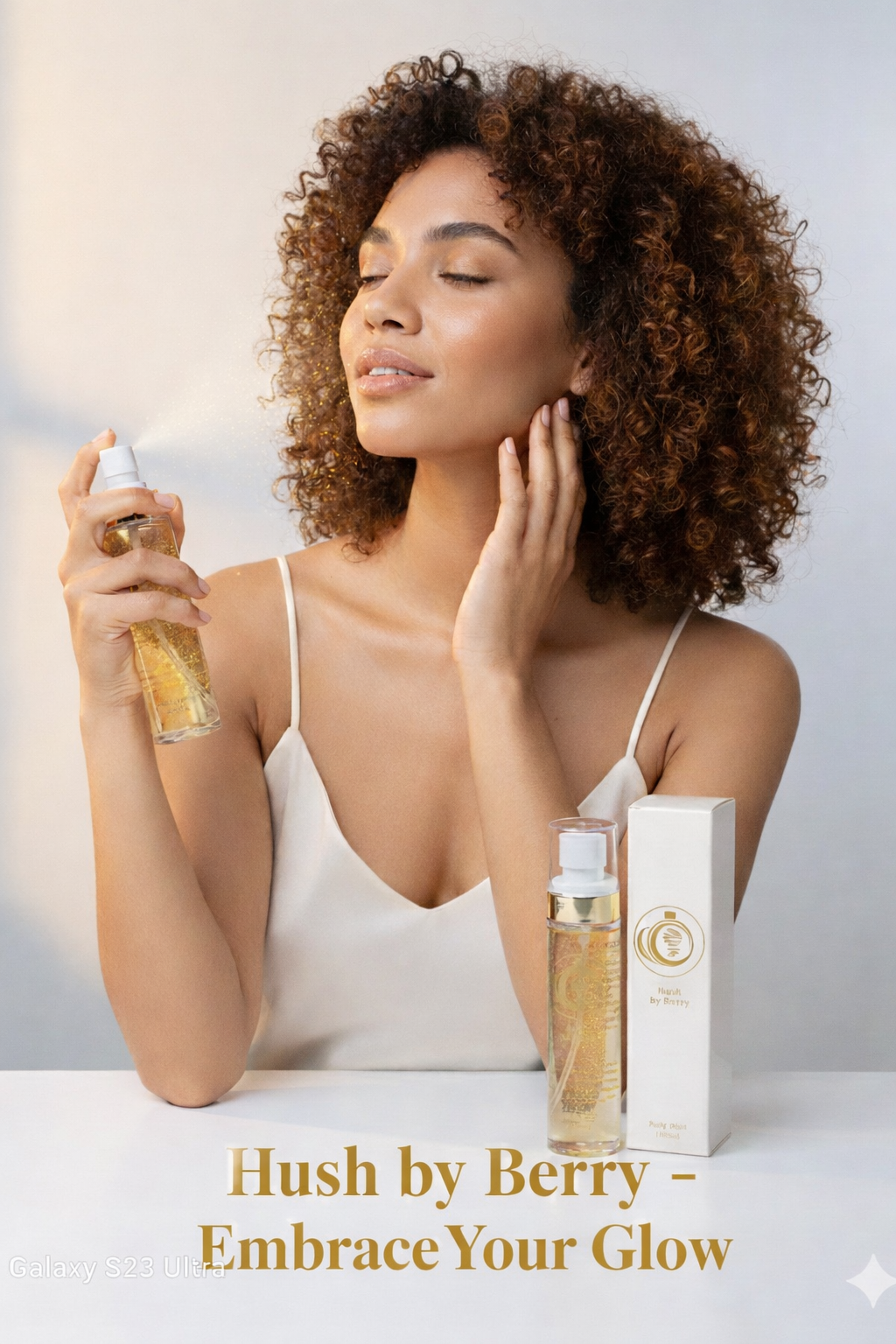 Hush by Berry body mist, shimmer body spray, gold glitter body mist, sweet berry fragrance mist, glowing body spray, sparkling body mist.