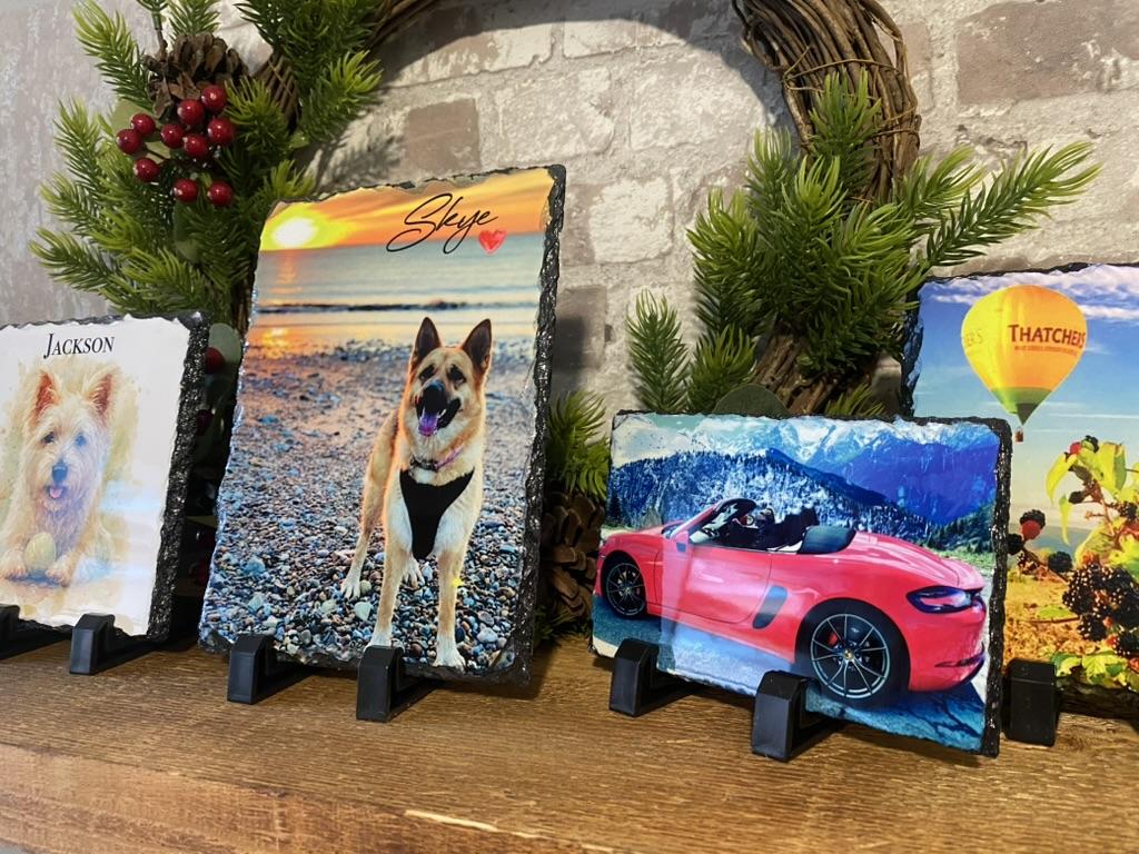 Custom photo slates and personalised gifts, ideal for memorials, pets, weddings.
