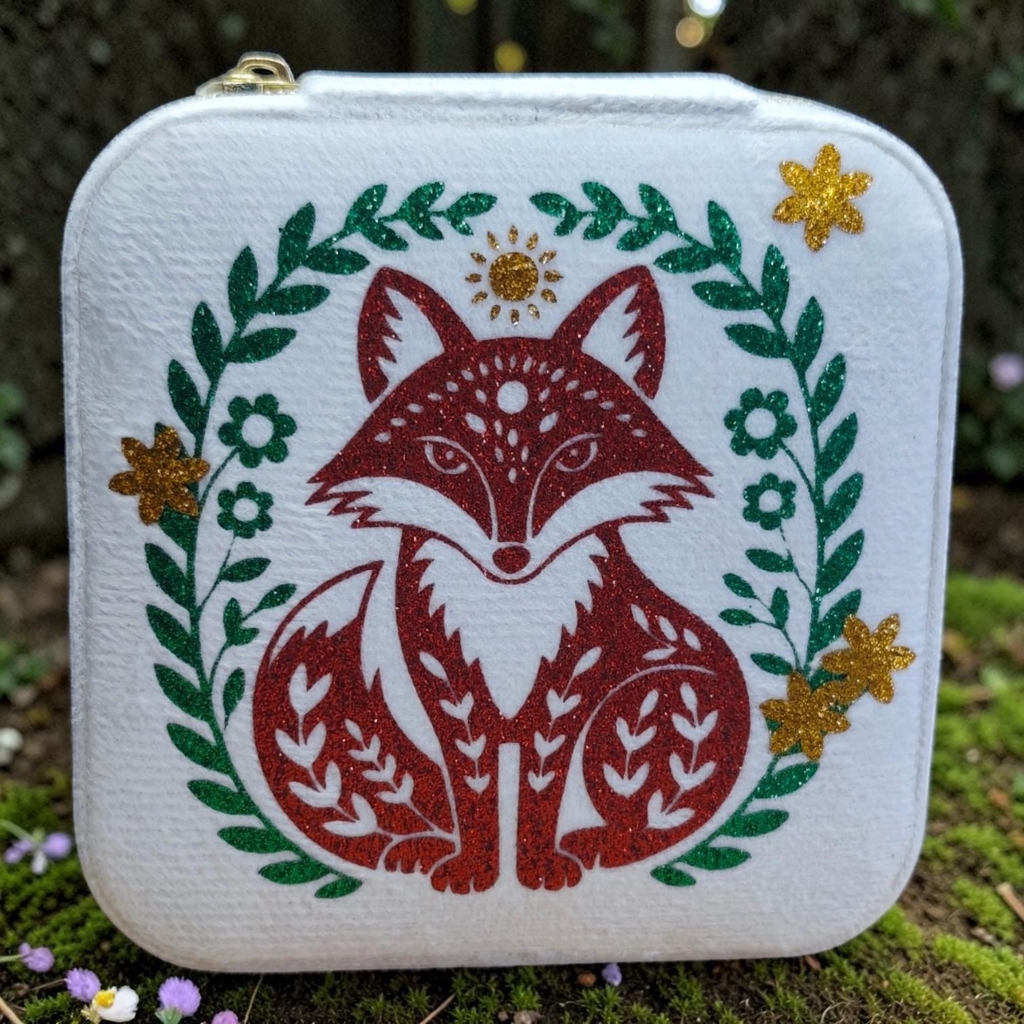 Boîte à bijoux en velours blanc décoré d'un renard et de végétation pailleté, dans une fôret