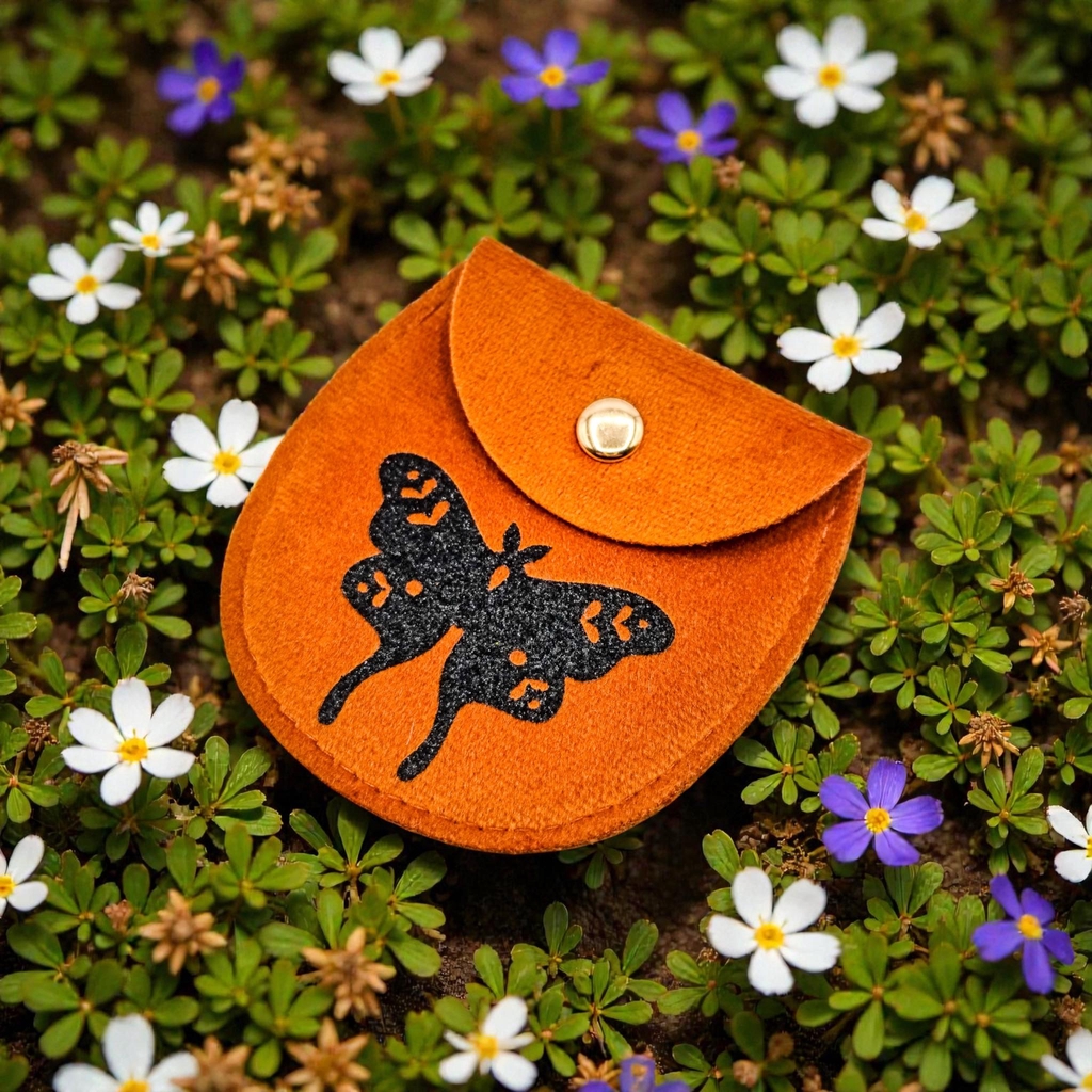 Pochette en velours orange pour bijoux décoré d'un papillon pailleté noir