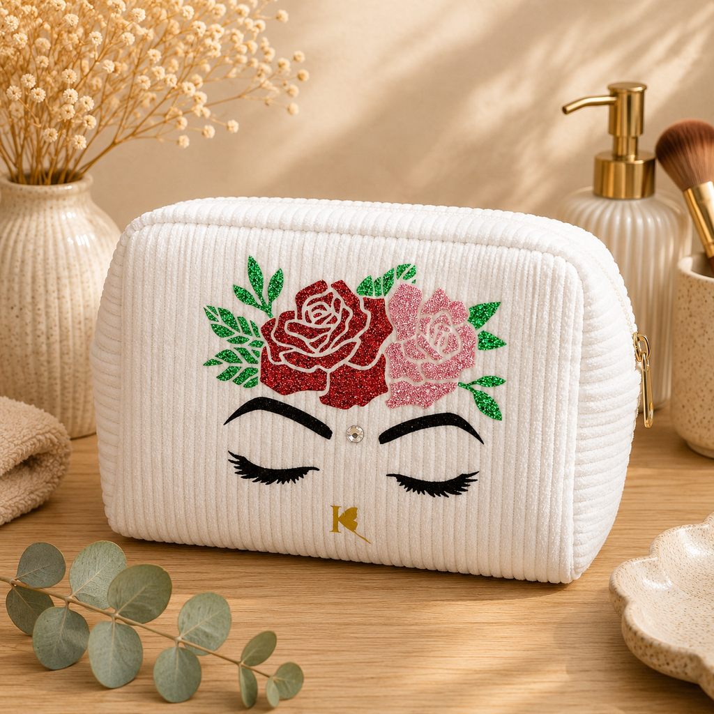 Trousse de toilette décoré avec le visage d'une femme portant une couronne fleurie