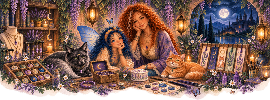 Illustration féerique du Monde de Kaléli, univers de créations artisanales et de bijoux fantaisie, avec une créatrice aux cheveux roux, une fée aux cheveux bleus, un chat roux et un renard noir argenté et un atelier magique décoré de fleurs, bijoux et symboles lunaires.