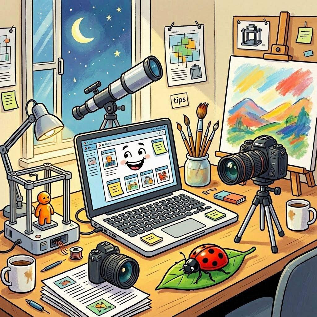 un bureau surlequel il y a un tas d'activités différentes comme la photographie macro, de l'impression 3d de la peinture sur toile, un site internet, un telescope, des étoiles dans le ciel à travers la fenêtre