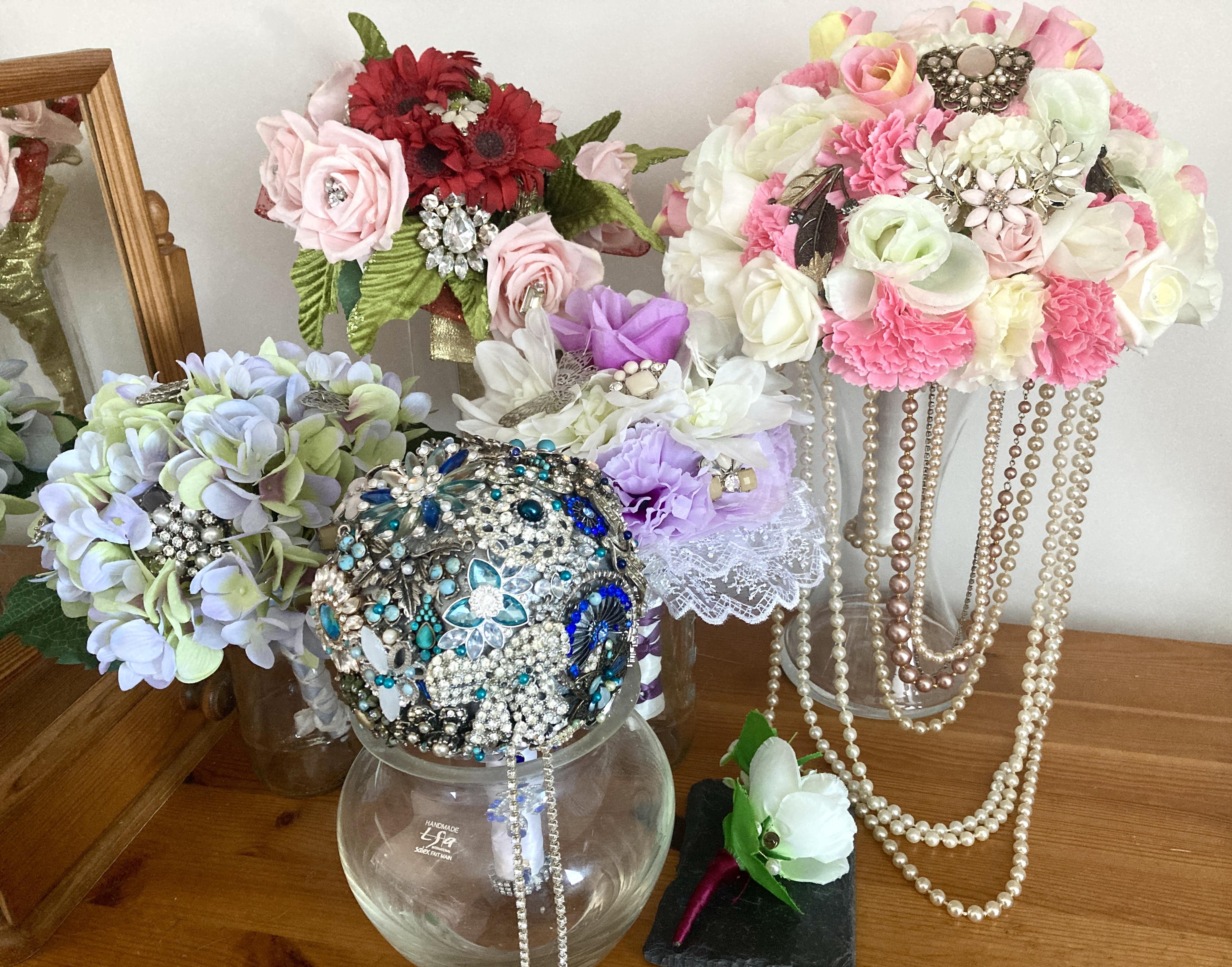 Unique handmade bouquets incorporating jewellery and artificial flowers