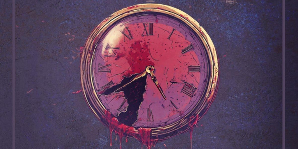 Couverture du recueil de nouvelles de Rubenia Timmerman - 16h37 et autres nouvelles - Une montre ancienne cassée qui saigne sur un fond violet.