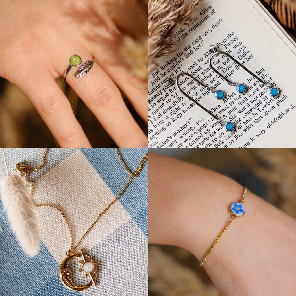 Hand crafted resin necklaces and earrings with beautiful shimmers, hypoallergenic and water resistant, made by Sage and Soul.