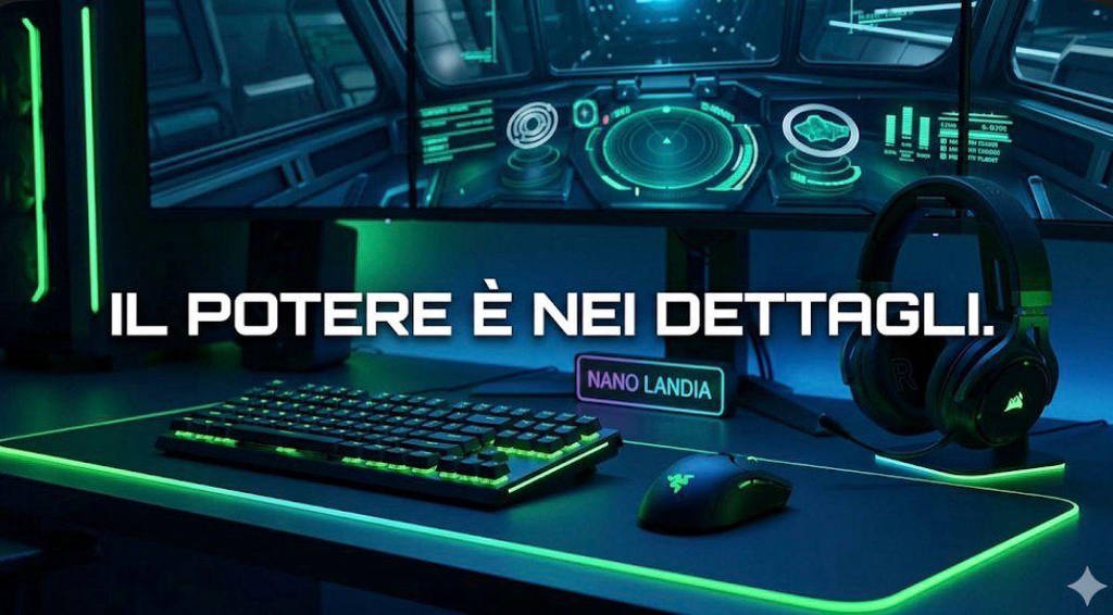 Una postazione gaming desktop con cuffie e mouse illuminati da LED RGB