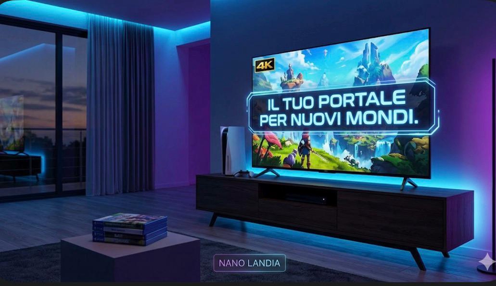 La console di punta esposta su una superficie riflettente con lo slogan 'IL TUO PORTALE PER NUOVI MONDI' da NanoLandia.
