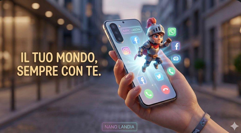 Un moderno smartphone che proietta un ologramma gaming stilizzato