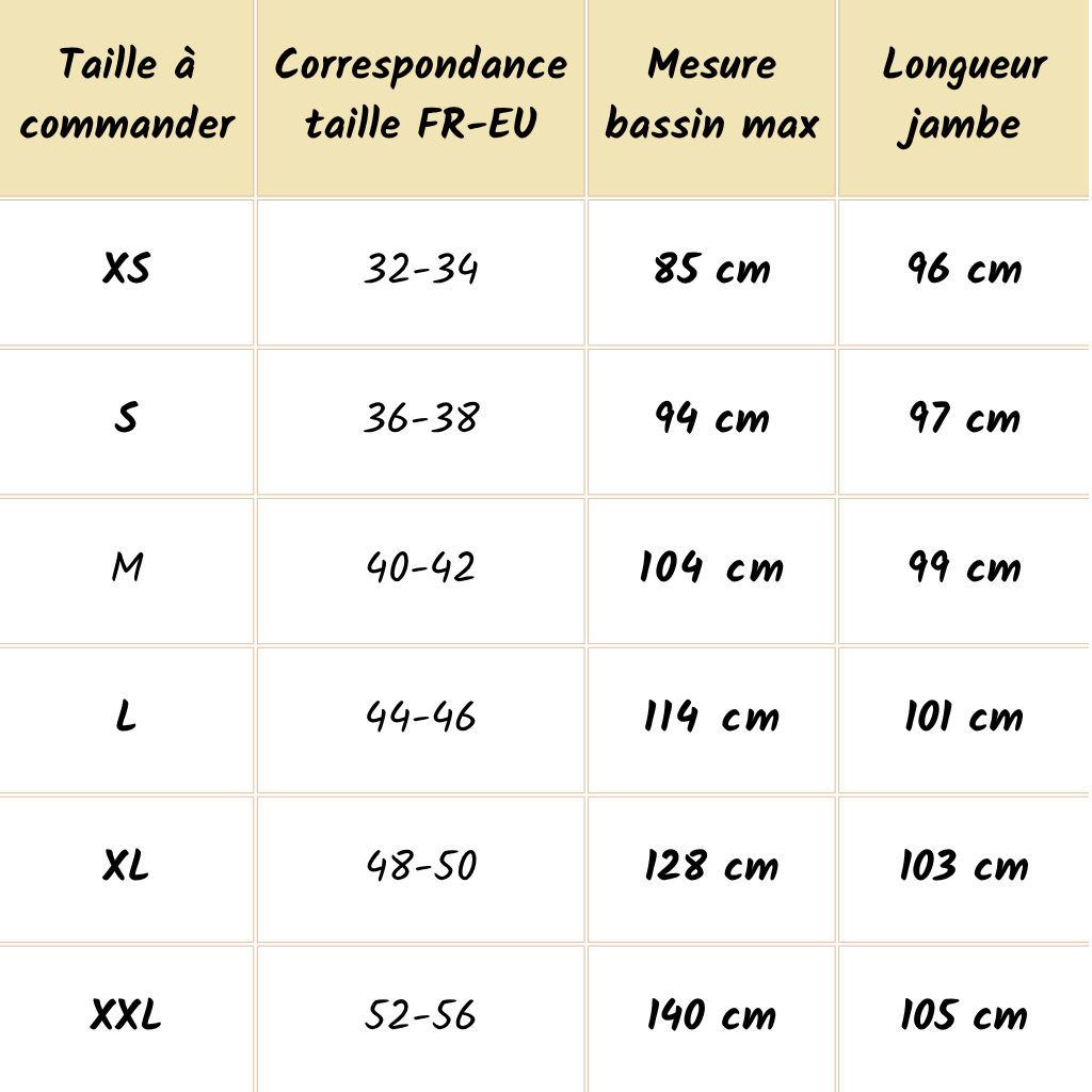 Taille à commander 

- XS ; Correspondance taille FR-EU 32-34 ; Mesure bassin max 85 cm ; Longueur jambe 96 cm 

- S ; Correspondance taille FR-EU 36-38 ; Mesure bassin max 94 cm ; Longueur jambe 97 cm 

- M ; Correspondance taille FR-EU 40-42 ; Mesure bassin max 104 cm ; Longueur jambe 99 cm 

- L ; Correspondance taille FR-EU 44-46 ; Mesure bassin max 114 cm ; Longueur jambe 101 cm 

- XL ; Correspondance taille FR-EU 48-50 ; Mesure bassin max 128 cm ; Longueur jambe 103 cm 

- XXL ; Correspondance taille FR-EU 52-56 ; Mesure bassin max 140 cm ; Longueur jambe 105 cm
