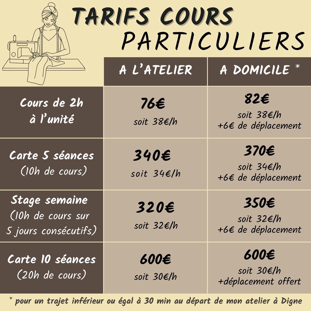 Cours particulier de couture ou tricot à Digne les Bains pour adulte et enfant - Apprenez à votre rythme et réalisez des créations sur mesure avec un accompagnement personnalisé. Cours en français anglais ou espagnol : idéal pour allier créativité et immersion linguistique. 
Tarifs : 76€ pour un cours de 2h à l'unité, et tarifs dégressifs pour les cartes de 5 ou 10 cours. 