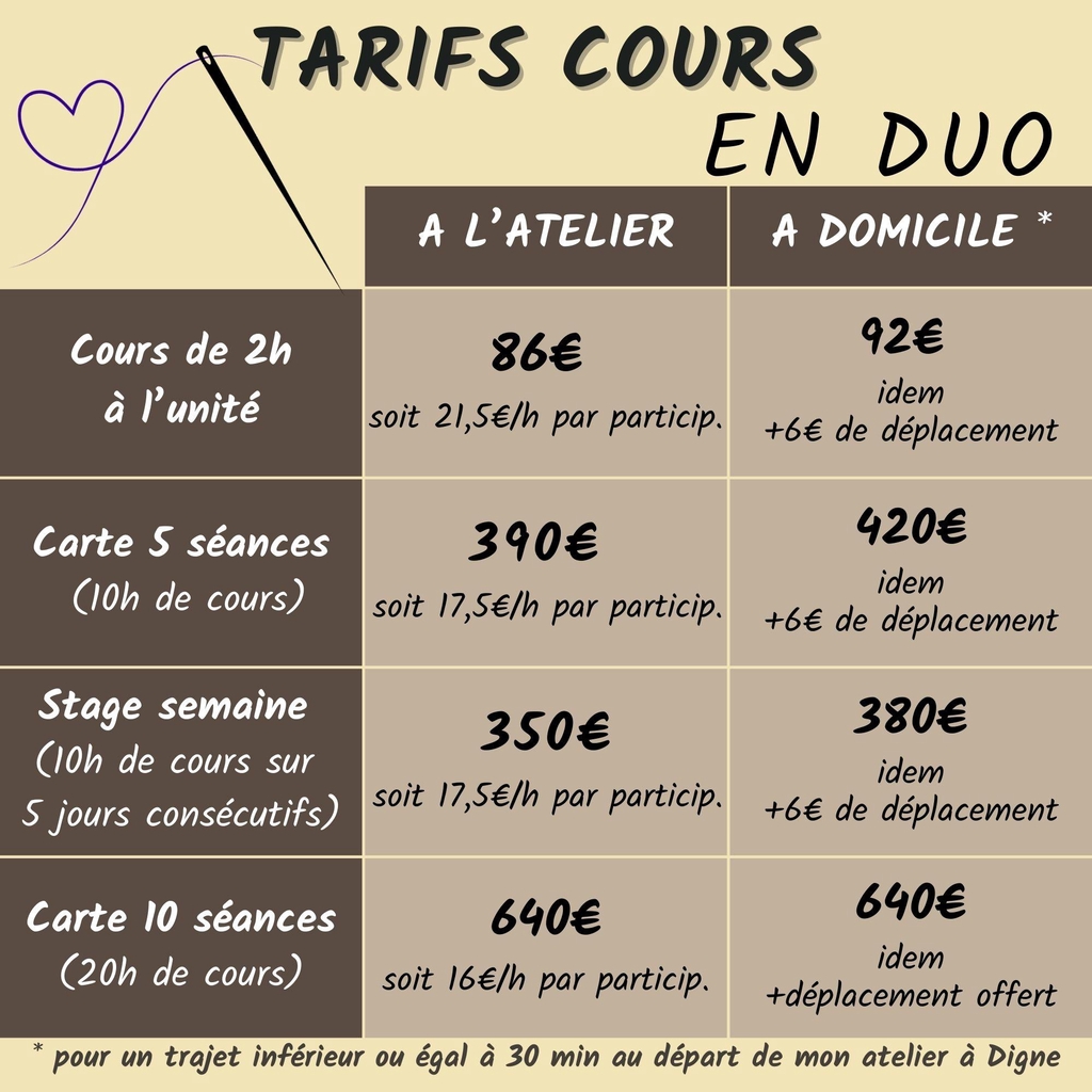 Atelier duo couture ou tricot à Digne les Bains – Partagez un moment créatif à deux et réalisez ensemble un projet textile unique. Un atelier créatif à partager entre ami·e·s, en couple, entre frères et sœurs ou en parent-enfant.
Tarif : 86€ le cours en duo pour une séance de 2h. Tarif dégressif pour les cartes de 5 ou 10 cours