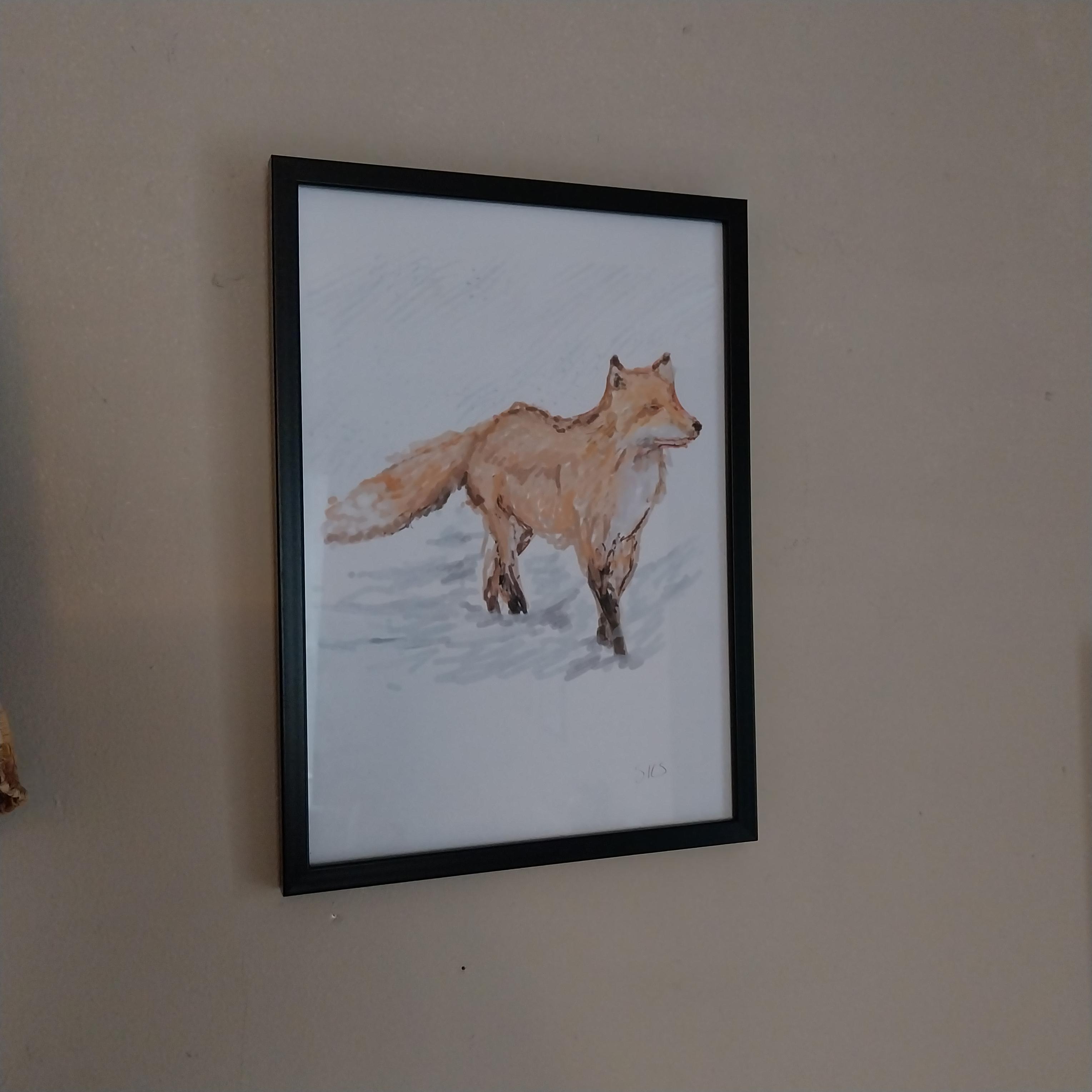 Framed artwork of a fox in the snow, featuring a winter landscape and a solitary red fox, set against a white snowy backdrop. The piece is enclosed in a sleek black frame, adding contrast to the soft tones of the scene. This wildlife art captures the beauty and solitude of the fox in a winter environment, making it a perfect addition to any nature lover's collection.