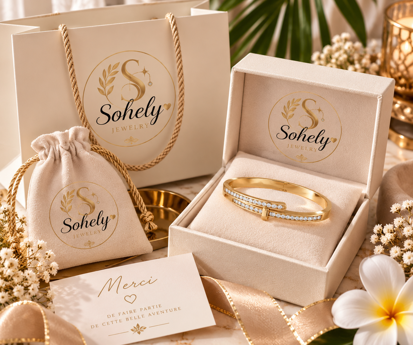 Jonc doré et packaging Sohely Jewelry dans une ambiance élégante et tropicale