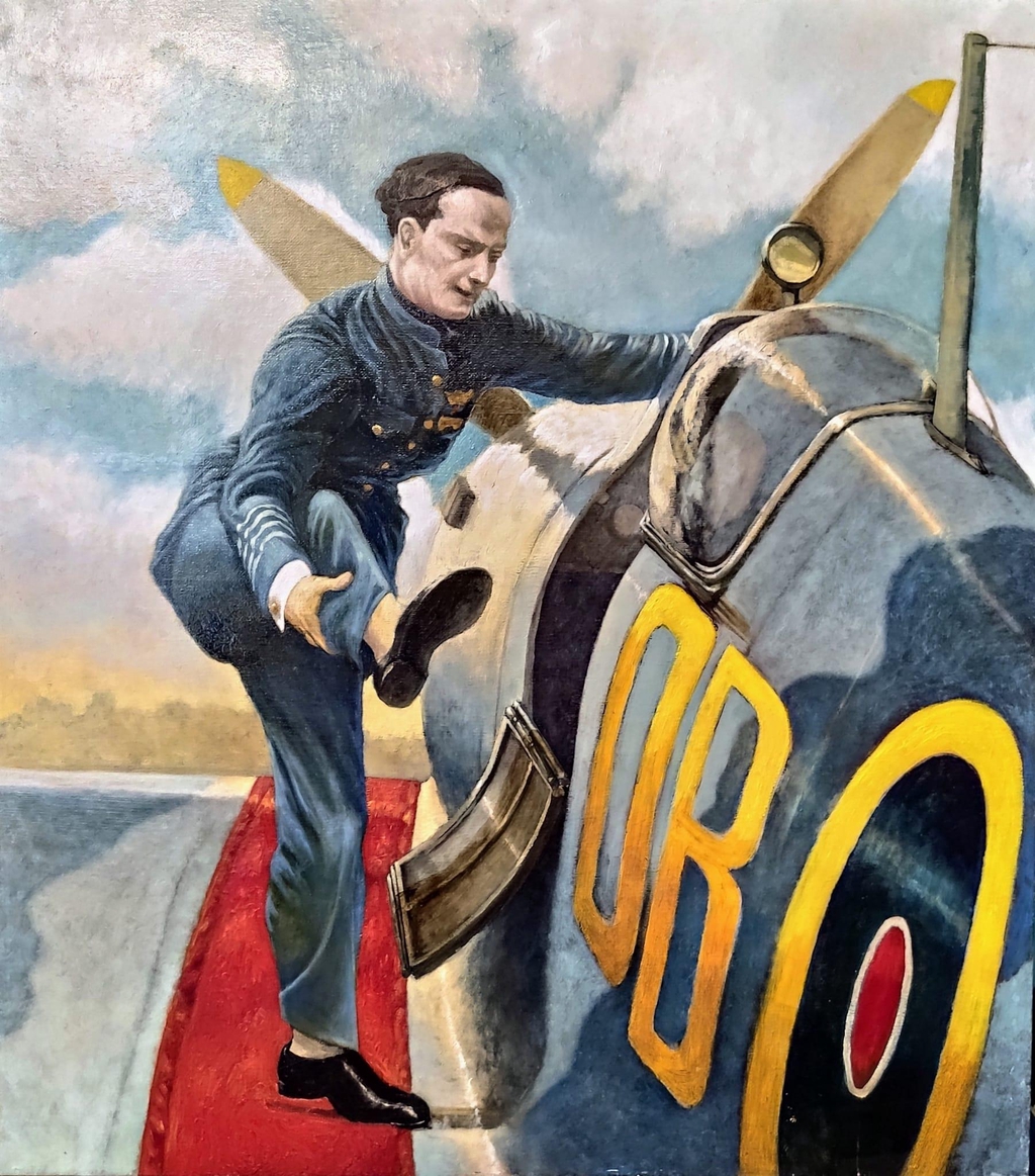 Aviation-inspired painting by Stefan Popedimitrov – Venetian atelier original artwork, figurative composition with aircraft detail