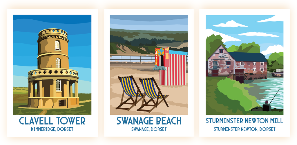 Travel posters show are; Clavell Tower, Swanage Beach, and Sturminster Newton Mill