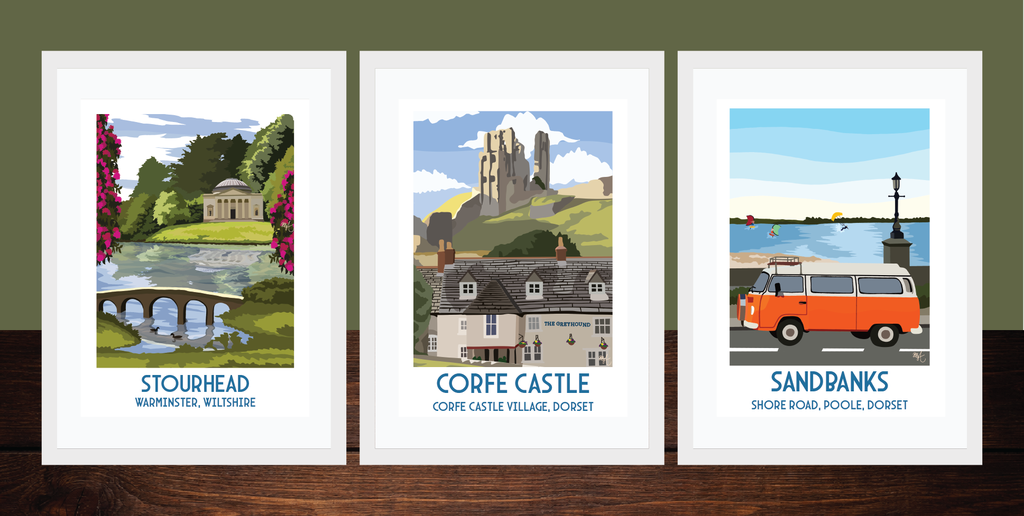 Travel Posters shown include; Stourhead, Corfe Castle, and Sandbanks