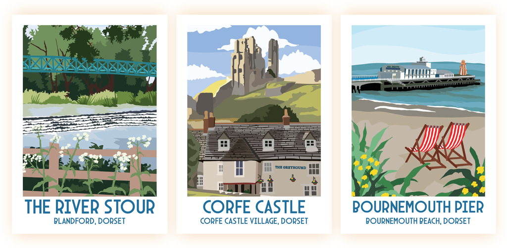 Travel Posters shown include; The River Store, Corfe Castle Village, and Bournemouth Pier