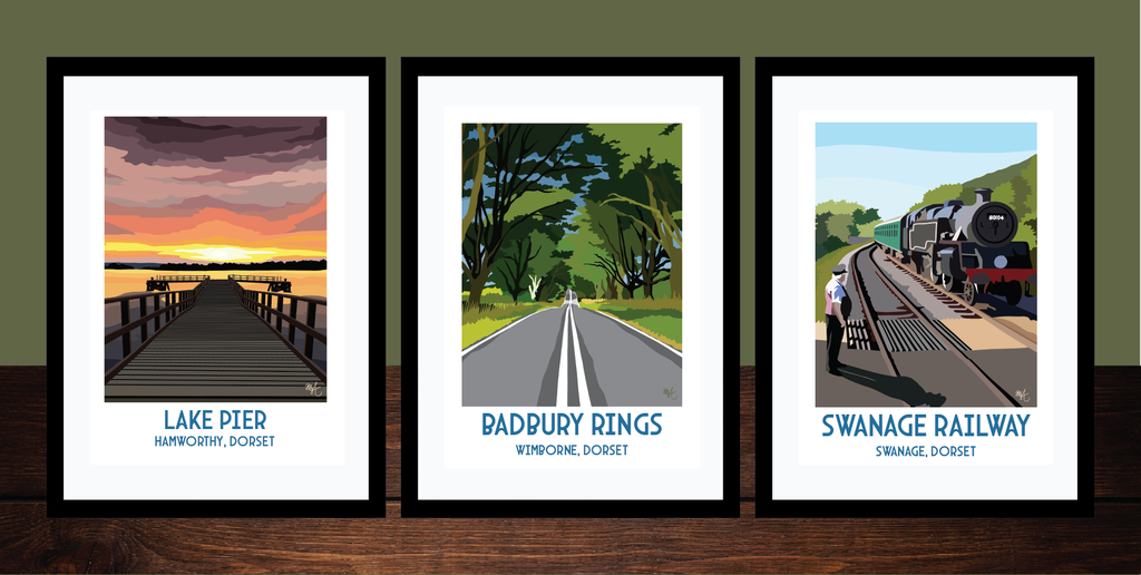 Travel Posters included are: Lake Pier in Hamworthy, Badbury Rings, and Swanage Railway 