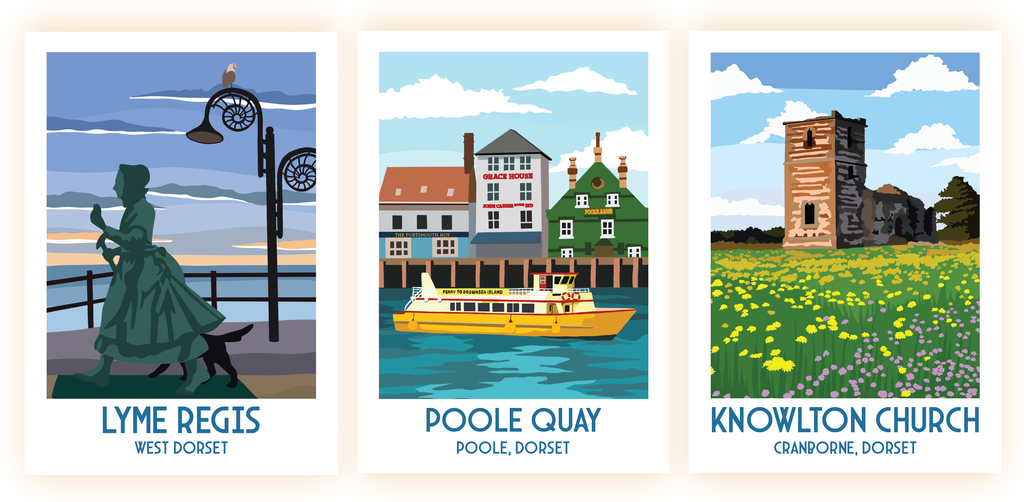 Travel Posters won include; Lyme Regis, Poole Quay, and Knowlton Church
