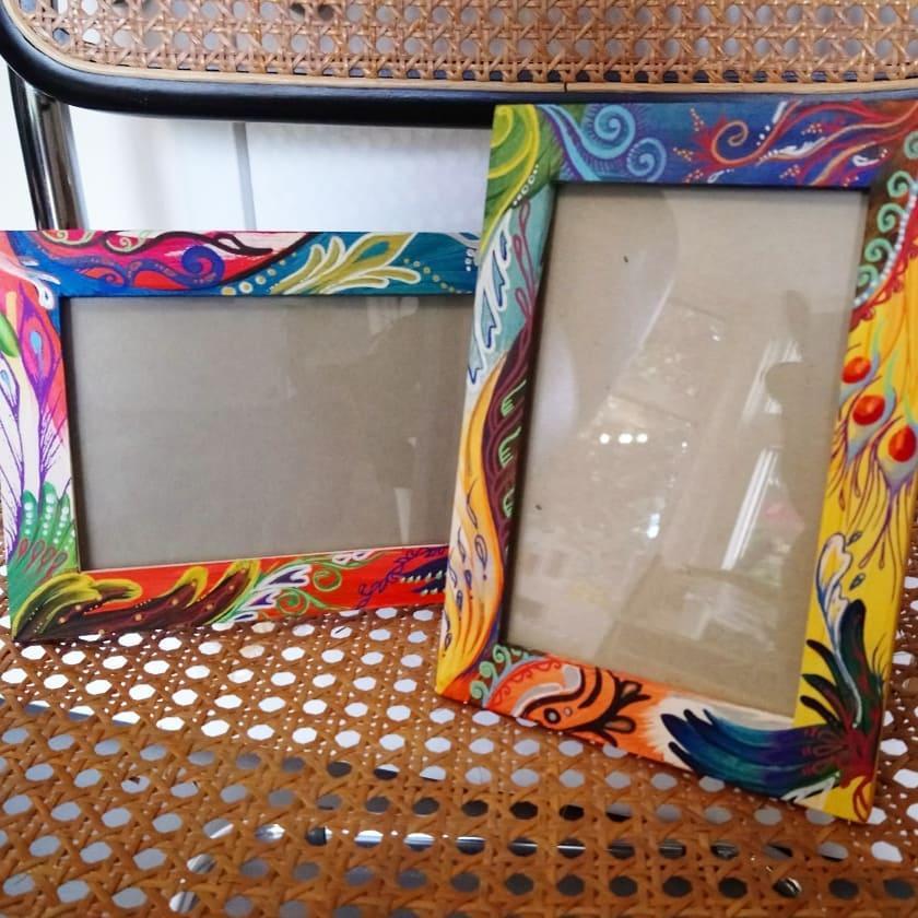Colourful paisley style paintings on upcycled art frames, 