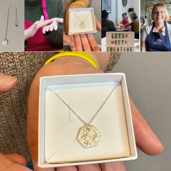 Photos of people enjoying a jewellery making workshop. Silver Bee Pendant.