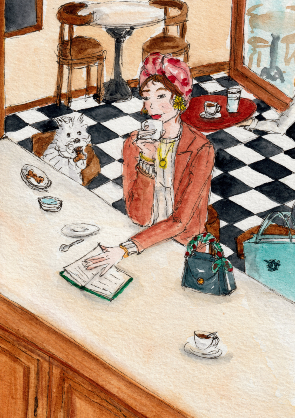 narration illustrée, des aquarelles représentant des instants de vie, des balades parisiennes, des pâtisseries, des lieux de vie, des moments cosy illustrés