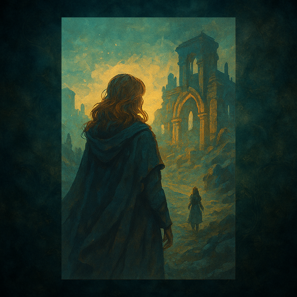 Illustration fantasy – silhouette en manteau face à des ruines baignées de lumière dorée, symbole de quête intérieure et d’univers où l’imaginaire et le tangible se mêlent.