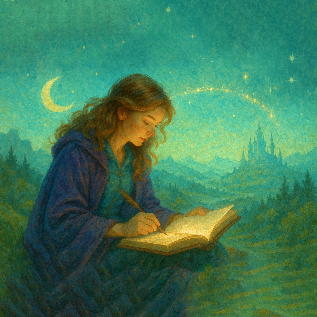 Illustration fantasy – femme à la chevelure rousse écrivant à la plume dans un livre lumineux sous un ciel étoilé et un croissant de lune, symbolisant l’imagination, l’autodédition et la liberté créative – Chroniques d’Arcanis