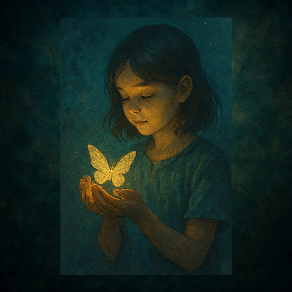 Illustration poétique – fillette observant un papillon lumineux posé dans ses mains, éclairée par sa lumière, symbolisant l’émerveillement, la lecture jeunesse et la collection Rêves d’enfants
