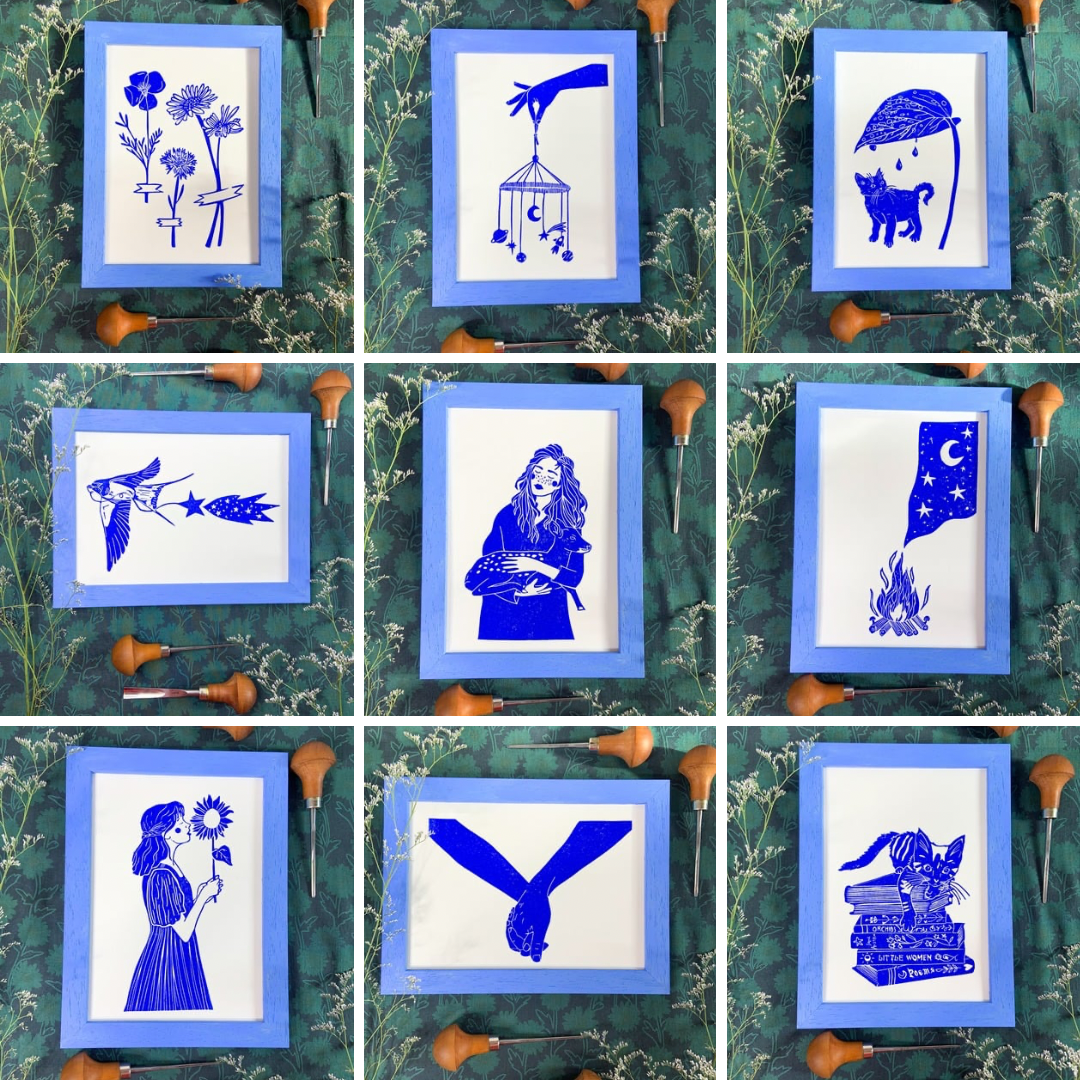 Les linogravures de l'Inktober 2024 sont des linogravures réalisées à la main en France par Audrey Jaillard, Clapotis Sauvage. Ces gravures sont pleines de douceur, de nature et de poésie.