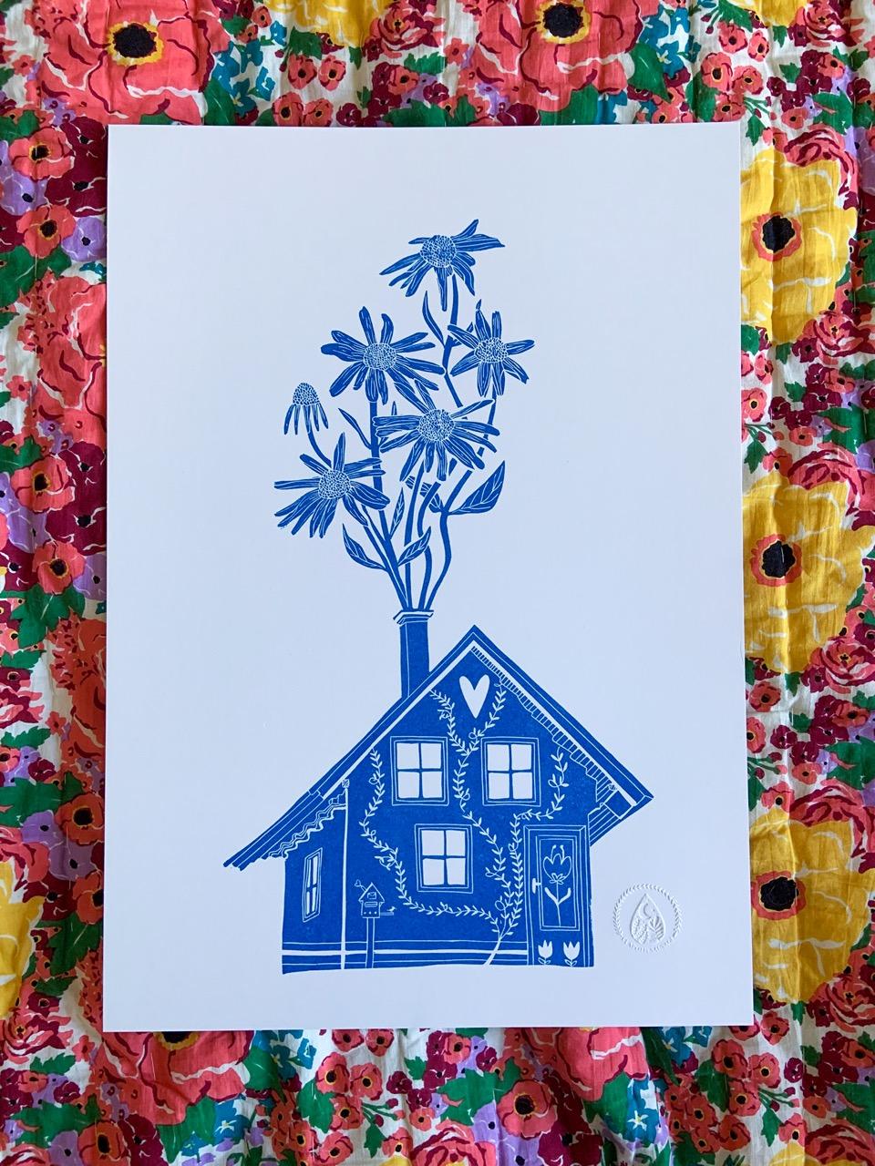 Des grandes affiches A3 en risographie avec des reproductions de mes linogravures