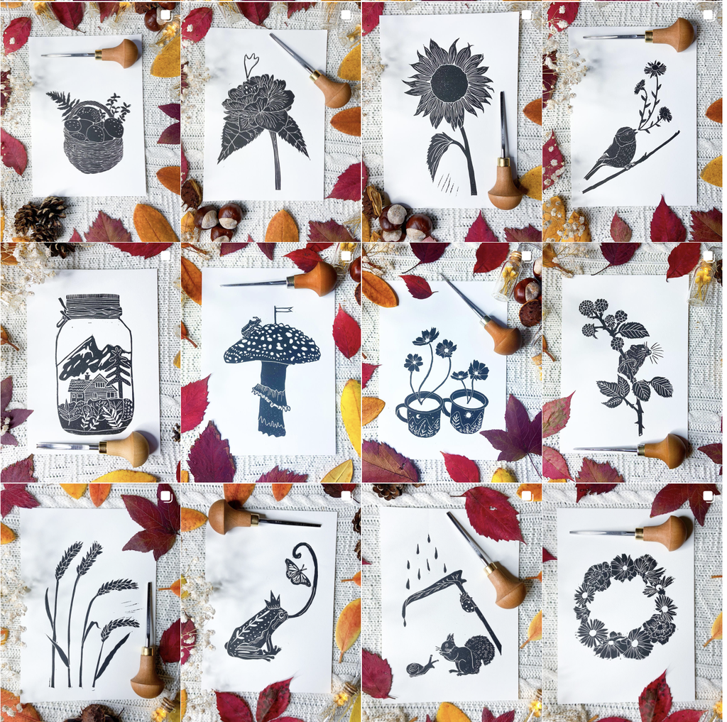 Les linogravures de l'Inktober 2021 sont des linogravures réalisées à la main en France par Audrey Jaillard, Clapotis Sauvage. Ces gravures sont pleines de douceur, de nature et de poésie.