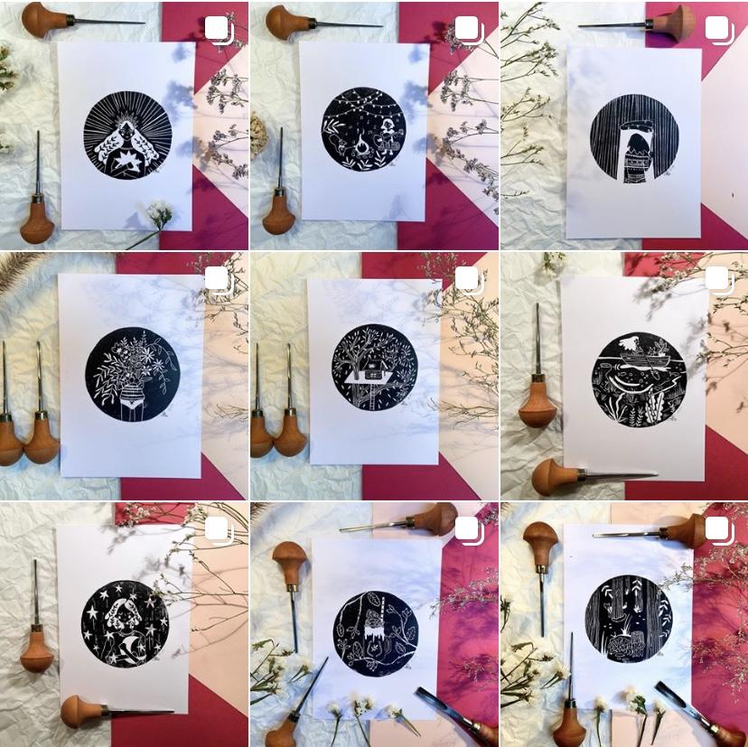 Les linogravures de l'Inktober 2020 sont des linogravures réalisées à la main en France par Audrey Jaillard, Clapotis Sauvage. Ces gravures sont pleines de douceur, de nature et de poésie.