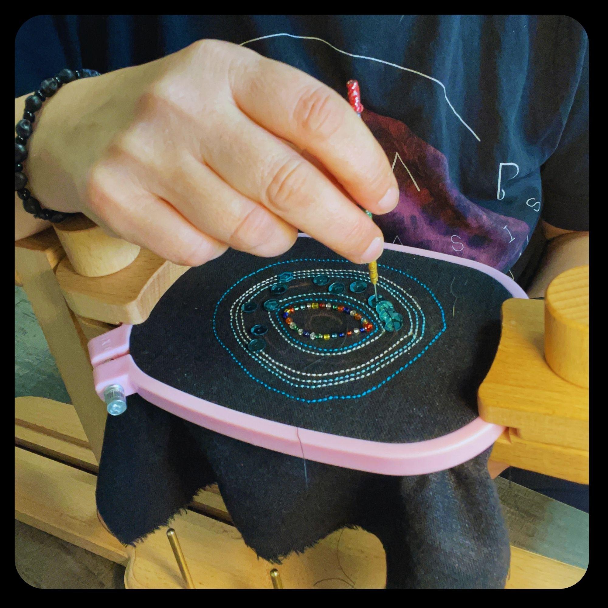 Accessoires textiles brodés pochettes porte-monnaie sacs sur le thème de l'oeil et du regard