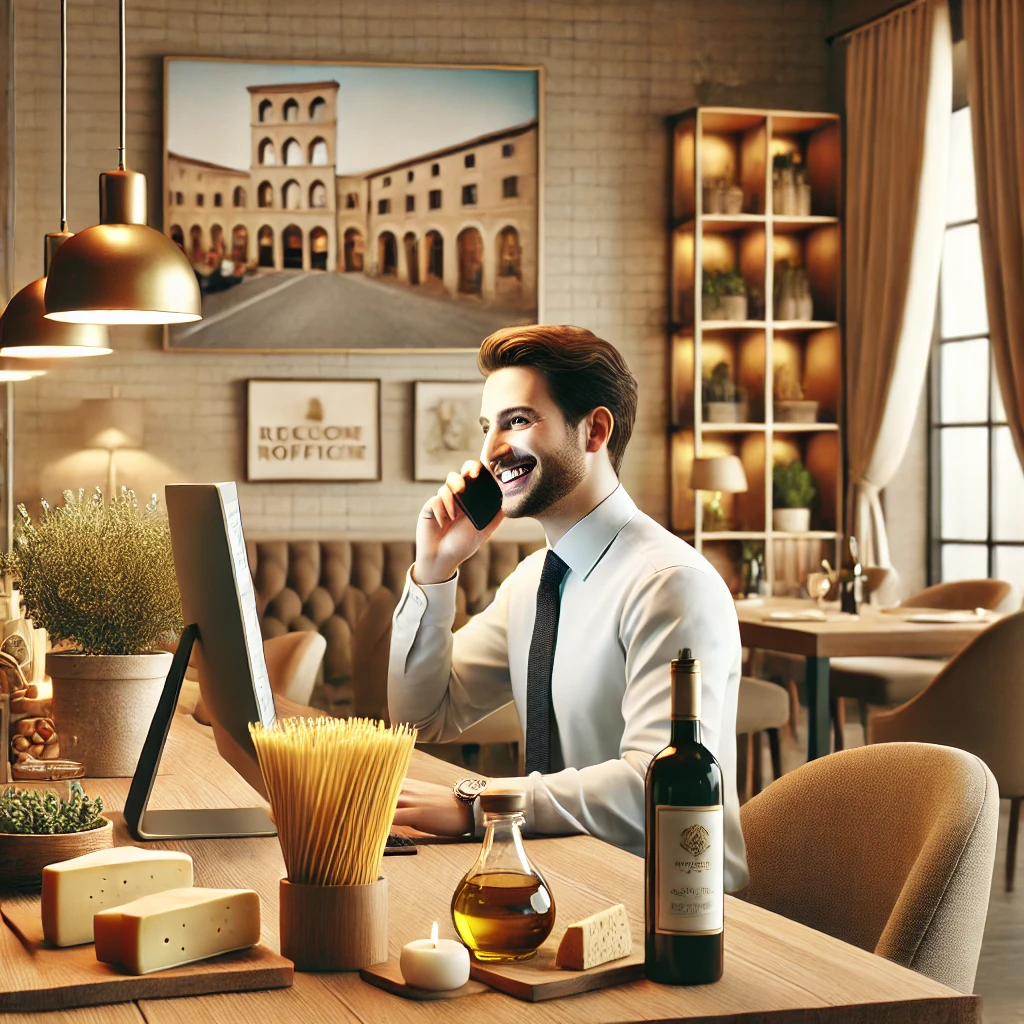 Gérant de Tronca Italian Food Boutique au téléphone avec un client qui a des questions sur les produits italiens.