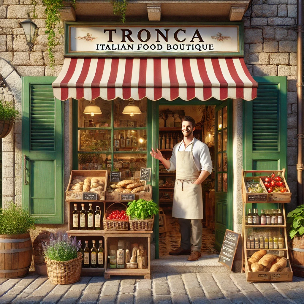 Un chef italien moustachu et souriant tenant une horloge en forme de pizza avec des tranches de salami et des feuilles de basilic comme repères horaires, devant un décor d’épicerie italienne rempli de produits traditionnels.