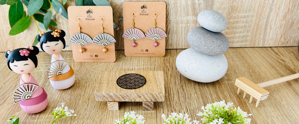 Nouvelle collection Hévaé kokeshi éventail boucles d'oreilles
