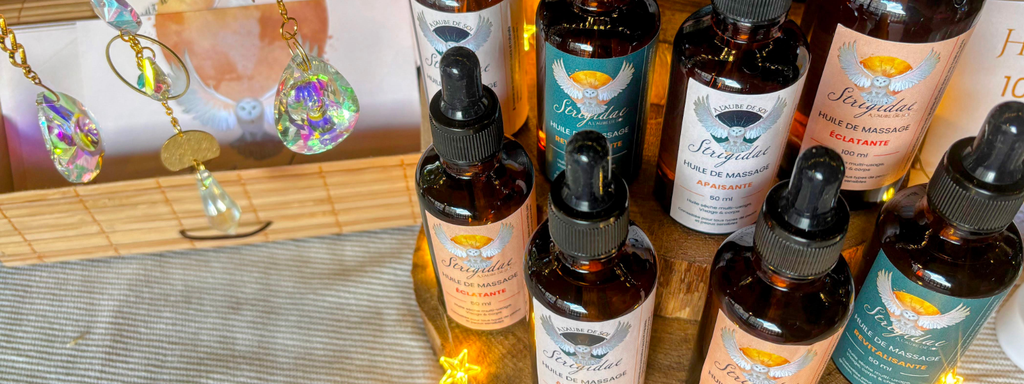 Huiles de massage artisanales créées à Champdieu, sans parfum et sans huile essentielle