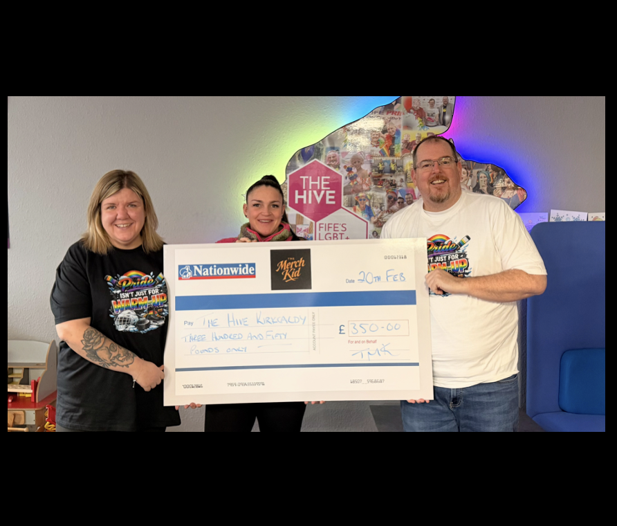 The Merch Kid CEO hands over a cheque to The Hive trustees, Lindsey and Jenna.