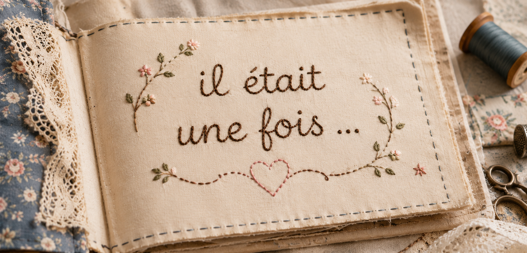 Page de livre en tissu brodée « Il était une fois… » avec des accessoires de couture, symbole des histoires cousues main de By Mamy SCA.